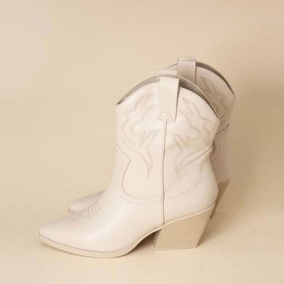 NEW🔥 Bone Embroidered Cowboy Western Ankle Booties Boots Pointed Toe Block Heel - Picture 7 of 8